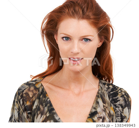 Woman, fashion and portrait in studio for beauty trend, cool clothes or luxury outfit. Female model person, face and white background for glamour or stylish designer, confidence or feminine attitude 138349943