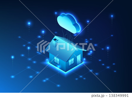 Internet of Things technology The house is connected to the cloud with technological circuits. Shows the connection of devices through the cloud system. Isometric image Vector illustration 138349991