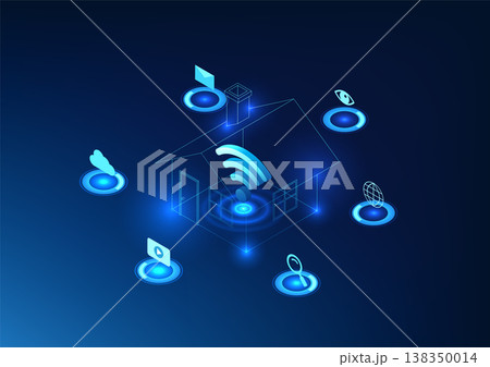 Internet of Things technology The Wi-Fi symbol is in the house. Refers to the network connection of electronic devices to the cloud system and the internet. Vector background image Internet of Things technology The Wi-Fi symbol is in the house. Refers to the network connection of electronic devices to the cloud system and the internet. Vector background image 138350014