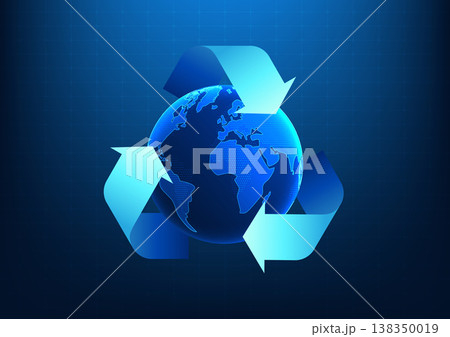 Recycling symbol inside is a globe. It shows how to help prevent global warming and use renewable energy as clean energy to reduce carbon emissions. Vector illustration 138350019