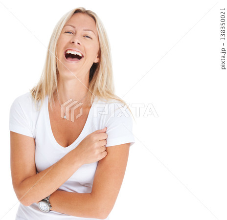 Woman, laugh or portrait studio for happiness confident or beauty t-shirt, care free and casual. Female model person, funny smile or white background relax natural energy, comedy or emoji personality Woman, laugh or portrait studio for happiness confident or beauty t-shirt, care free and casual. Female model person, funny smile or white background relax natural energy, comedy or emoji personality 138350021