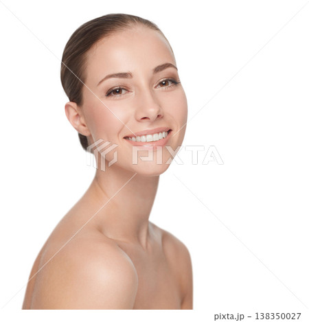 Woman, skincare and studio for dermatology portrait cosmetic or skin clean, spa glow or smile. Female model, happy face or natural beauty self care wellness results, shine hydrate on white background 138350027