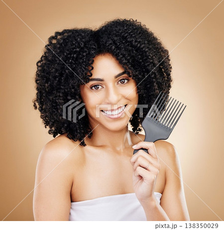 Portrait, hair care and woman with a comb, curls and salon grooming with keratin on brown background. Face, person or model with beauty, shine or glow with volume, cosmetics or smile with aesthetic Portrait, hair care and woman with a comb, curls and salon grooming with keratin on brown background. Face, person or model with beauty, shine or glow with volume, cosmetics or smile with aesthetic 138350029