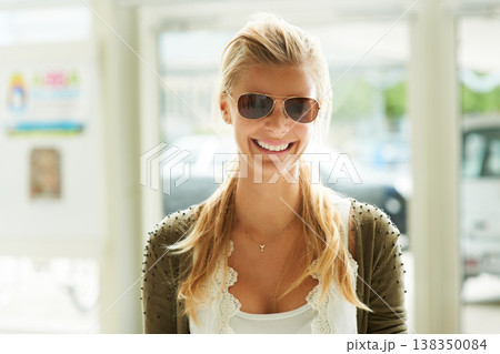 Woman, sunglasses and portrait outdoor smile in sun stylish fashion for summer vacation, luxury or retail. Female model person, happy face and shades casual holiday shopping, boutique product or gift Woman, sunglasses and portrait outdoor smile in sun stylish fashion for summer vacation, luxury or retail. Female model person, happy face and shades casual holiday shopping, boutique product or gift 138350084