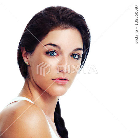 Woman, portrait and studio beauty makeup for cosmetic skincare, mockup or confident glow. Female model person, face and spa wellness for dermatology review, healthy shine or smooth treatment results 138350097