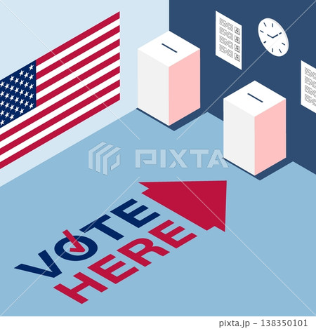 Isometric Square banner template for advertising the start of an election campaign. Cartoon 3D vector on blue background 138350101