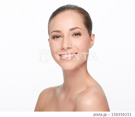 Woman, skincare and studio for beauty portrait or cosmetic skin peel, spa glow or smile. Female model, face and natural detox or hydra facial wellness results for shine, clean on white background 138350151