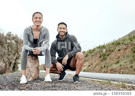 Relax, portrait and fitness with couple in nature for cardio challenge, bonding or workout. Wellness, support and runner practice with man and woman outdoor for training, exercise and sports break Relax, portrait and fitness with couple in nature for cardio challenge, bonding or workout. Wellness, support and runner practice with man and woman outdoor for training, exercise and sports break 138350165