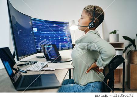 Back pain, call center and woman working on computer with stress, fatigue and overworked in an office with strain. Burnout, tired and telemarketing employee with pressure from crisis or injury Back pain, call center and woman working on computer with stress, fatigue and overworked in an office with strain. Burnout, tired and telemarketing employee with pressure from crisis or injury 138350173