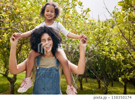 Mother with kid, orchard and portrait, piggyback in nature and agriculture with healthy food and nutrition on farm. Farmer, woman and daughter time picking citrus fruit with lemon harvest and bonding Mother with kid, orchard and portrait, piggyback in nature and agriculture with healthy food and nutrition on farm. Farmer, woman and daughter time picking citrus fruit with lemon harvest and bonding 138350174
