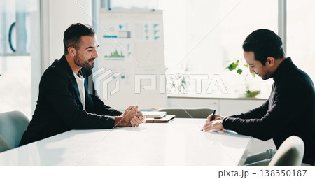Meeting, sign and men in office for business, finance advice or investment proposal. Businessman, advisor or contract discussion for partnership, agreement or pitch in company for growth in economy 138350187