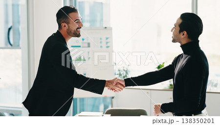 Business, office or handshake with men for deal, financial partnership or acquisition with agreement. Smile, people and shaking hands for collaboration in company, b2b investment or corporate merger Business, office or handshake with men for deal, financial partnership or acquisition with agreement. Smile, people and shaking hands for collaboration in company, b2b investment or corporate merger 138350201