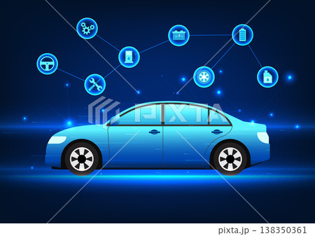 Car technology connected car parts icon It represents a car that is driven by innovations that provide better fuel efficiency and a wider range of applications. Car technology connected car parts icon It represents a car that is driven by innovations that provide better fuel efficiency and a wider range of applications. 138350361