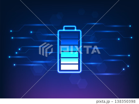 Battery technology is connected to the circuit. It is a vector illustration in blue tones. The background is geometric shapes. The concept of battery technology is to keep electrical devices powered. Battery technology is connected to the circuit. It is a vector illustration in blue tones. The background is geometric shapes. The concept of battery technology is to keep electrical devices powered. 138350398
