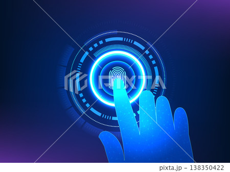 Security technology with fingerprint scanning The fingerprint is inside the technology circle with a hand coming in to scan it. Technology that provides identification before accessing data. Security technology with fingerprint scanning The fingerprint is inside the technology circle with a hand coming in to scan it. Technology that provides identification before accessing data. 138350422