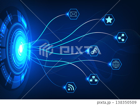 Background technology connection sends data in the internet network into the smart technology that spreads information all over the world data wave display Tech circles with icons in blue tones Background technology connection sends data in the internet network into the smart technology that spreads information all over the world data wave display Tech circles with icons in blue tones 138350509