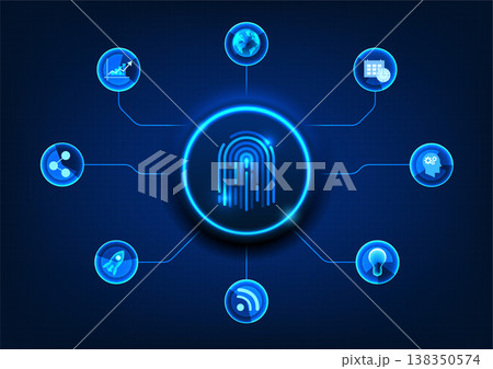 Smart technology background with fingerprint scanner button used for authentication to access sensitive information in the internet network. It is a technology for protecting personal information. Smart technology background with fingerprint scanner button used for authentication to access sensitive information in the internet network. It is a technology for protecting personal information. 138350574