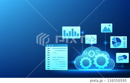 Cloud technology inside has gears along with a screen displaying command codes, charts, and icons.  Software connected to the cloud system. There are orders for industrial business work. 138350595