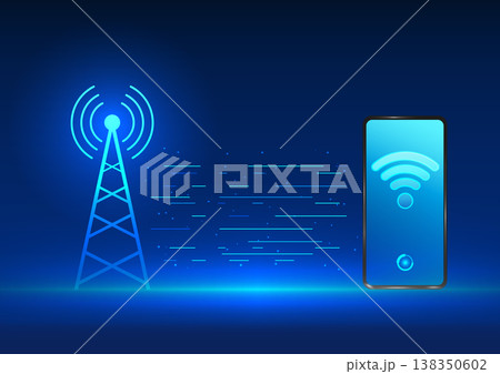 Transmission tower technology It is a technology that emits signals into mobile phones. used for communication and internet access Vector illustration of cell tower with smartphone with wifi icon 138350602