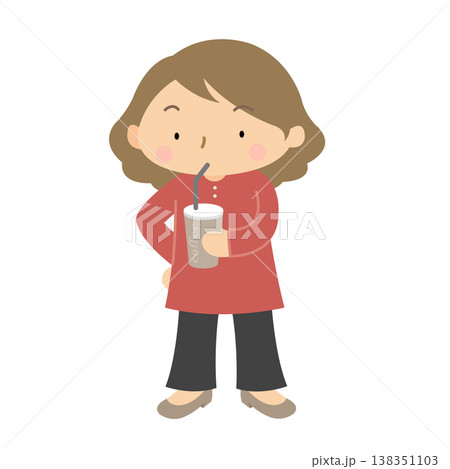 カジュアルな若い女性のコーヒーを飲む立ち姿　日常生活 イラスト 138351103