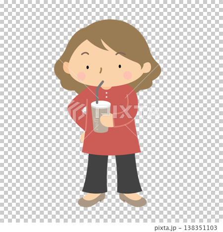 カジュアルな若い女性のコーヒーを飲む立ち姿　日常生活 イラスト 138351103