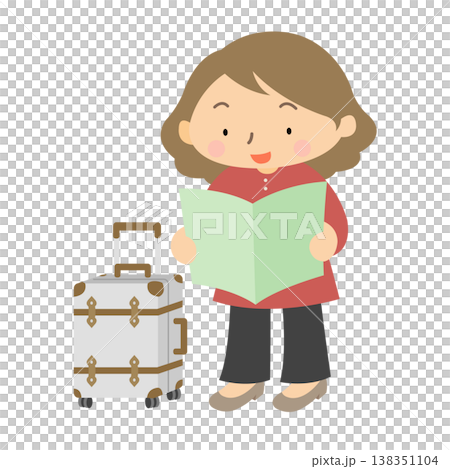 一幅描繪年輕女子在日常生活中旅行或外出時站立的隨意插圖。 138351104