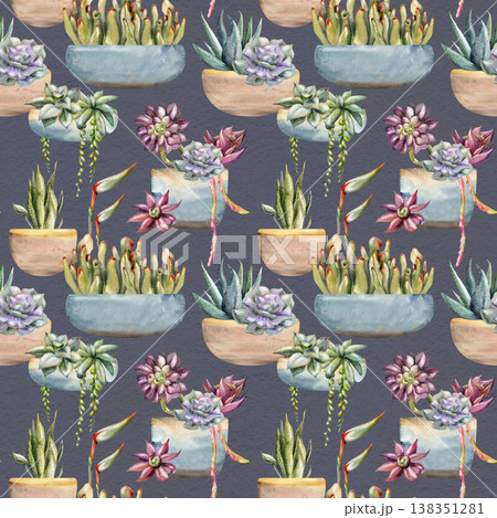 Watercolor potted rosette succulent plants, spiky shoots and hanging vines in continuous repeat layout. Seamless hand drawn pattern for textiles, wallpaper, sustainable branding, digital planners. Watercolor potted rosette succulent plants, spiky shoots and hanging vines in continuous repeat layout. Seamless hand drawn pattern for textiles, wallpaper, sustainable branding, digital planners. 138351281