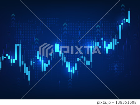 Graph technology background It is a technology that shows the growth price of a company in the stock market. Vector illustration of a candlestick chart with a blue rising arrow behind a world map. 138351608