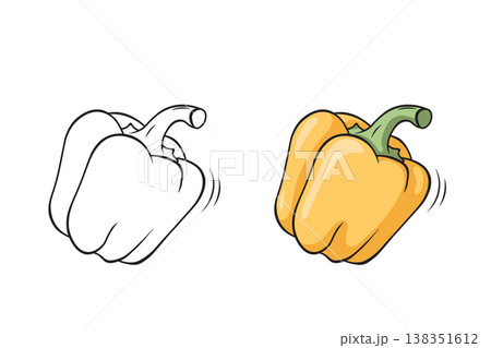 Bell pepper outline and colored version side by side, hand drawn vegetable vector illustration for coloring book pages 138351612