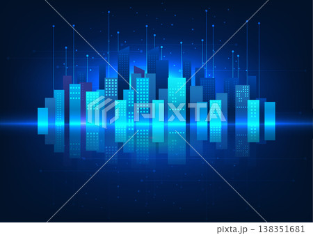 Smart City Technology The city has a reflection on the circuit behind it. It represents a smart city that has better facilities for people in the city. 138351681