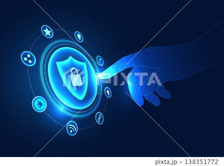Businessman hand pointing to shield Refers to the technology that businessmen choose to deal with problems within the company, not to lose company or customer data or leak to the internet network Businessman hand pointing to shield Refers to the technology that businessmen choose to deal with problems within the company, not to lose company or customer data or leak to the internet network 138351772