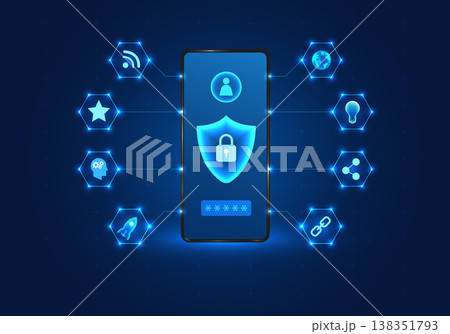 Smartphone technology with a shield on the front Mobile phones have privacy protection technology or data destruction attacks. It is a deterrent from losing or corrupting data. 138351793