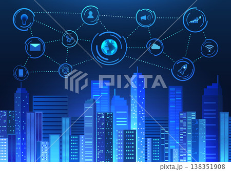 Large smart city using internet technology. The artificial intelligence system that helps in various matters increases convenience and makes business in the city grow more. 138351908