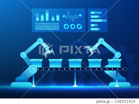 Industry 4.0 business technology, the mechanical manufacturing industry is working The top shows system information. It represents modern industry that is fully automated and increases efficiency. Industry 4.0 business technology, the mechanical manufacturing industry is working The top shows system information. It represents modern industry that is fully automated and increases efficiency. 138351915