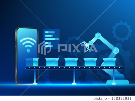Industry 4.0 business technology, mechanical manufacturing industry is working and smartphone with box flowing out Referring to modern industry that is fully automated. Check status via mobile phone. Industry 4.0 business technology, mechanical manufacturing industry is working and smartphone with box flowing out Referring to modern industry that is fully automated. Check status via mobile phone. 138351931