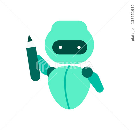 鉛筆やペンを持って何かを生成するAIロボット。画像生成やクリエイティブな自動化のイメージ。 138351959