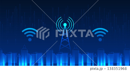 Cellular technology is located in a smart city with wifi icon. A smart city concept with towers to provide city people with access to information. Send business communications smoothly. 138351968