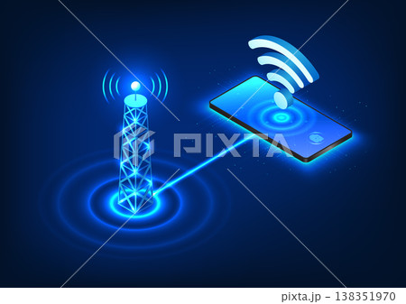 Cellular towers are technologies that emit signals into mobile phones to reach communications anywhere.It is an isometric image of a cell tower transmitting a signal to a cell phone with a WiFi symbol 138351970