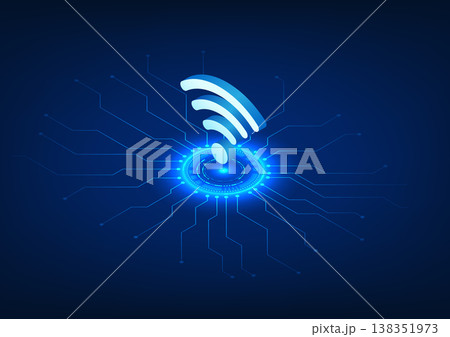 WiFi technology Placed on the technology circle with the connected technology circuit, Wi-Fi is a technology that emits a wireless signal to electronic devices. It is an isometric vector illustration. 138351973