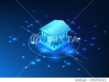 Technology for conducting online banking transactions via mobile phones or computer via internet signal Isometric illustration of bank in technology circle. Technology for conducting online banking transactions via mobile phones or computer via internet signal Isometric illustration of bank in technology circle. 138352121