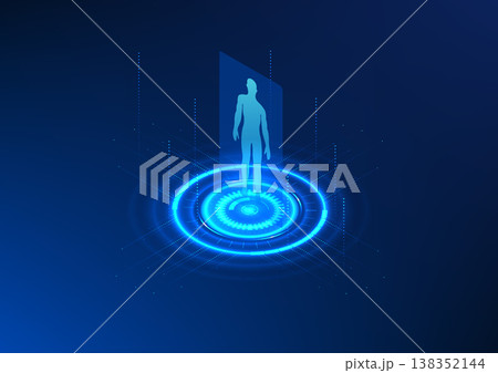 Hologram projection technology A projected image of a person along with a technology circle that Shows treatment, health care and modern medical technology. Hologram projection technology A projected image of a person along with a technology circle that Shows treatment, health care and modern medical technology. 138352144