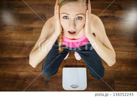 Scared woman on bathroom scale machine Scared woman on bathroom scale machine 138352243