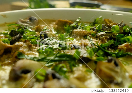 Fried chicken with mushrooms, milk and onions. Fried chicken with mushrooms, milk and onions. 138352419