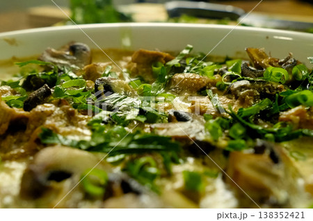 Fried chicken with mushrooms, milk and onions. Fried chicken with mushrooms, milk and onions. 138352421