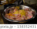 pour chicken meat with sunflower oil. meat 138352431