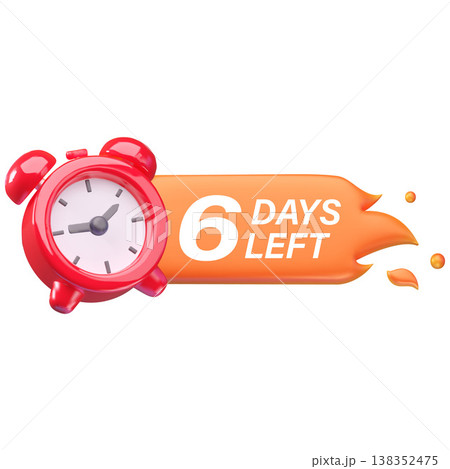 An orange flame icon with a red alarm clock and the caption "6 days left." 3д An orange flame icon with a red alarm clock and the caption "6 days left." 3д 138352475