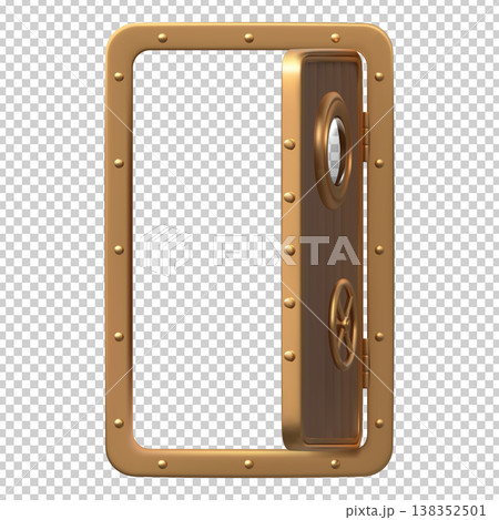 Submarine door with a circular wheel lock and round window porthole, vector realistic 3D timber bunker hopper door open Submarine door with a circular wheel lock and round window porthole, vector realistic 3D timber bunker hopper door open 138352501