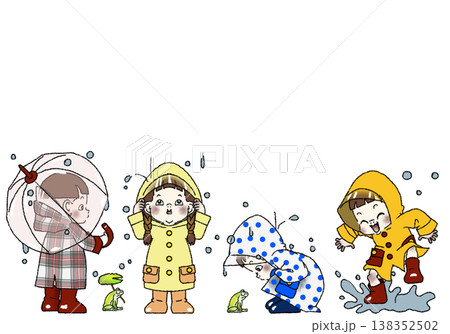 雨を楽しむ子供達 背景白JPG 138352502