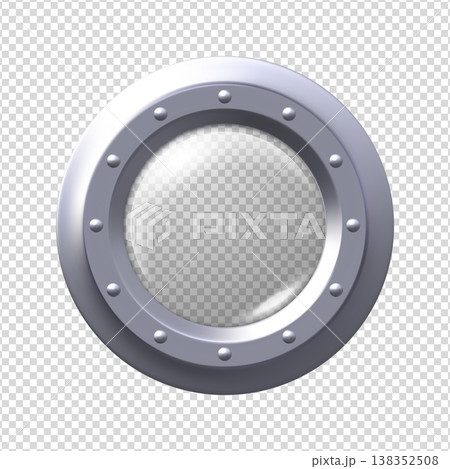 Submarine window porthole, vector realistic 3D round window with steel frame glass and rivets, hole fuselage illuminator Submarine window porthole, vector realistic 3D round window with steel frame glass and rivets, hole fuselage illuminator 138352508