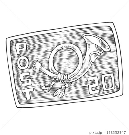Postage stamp with post horn and 20 vector sketch, vintage postal horn on postal mark, hand drawn post office stamp Postage stamp with post horn and 20 vector sketch, vintage postal horn on postal mark, hand drawn post office stamp 138352547